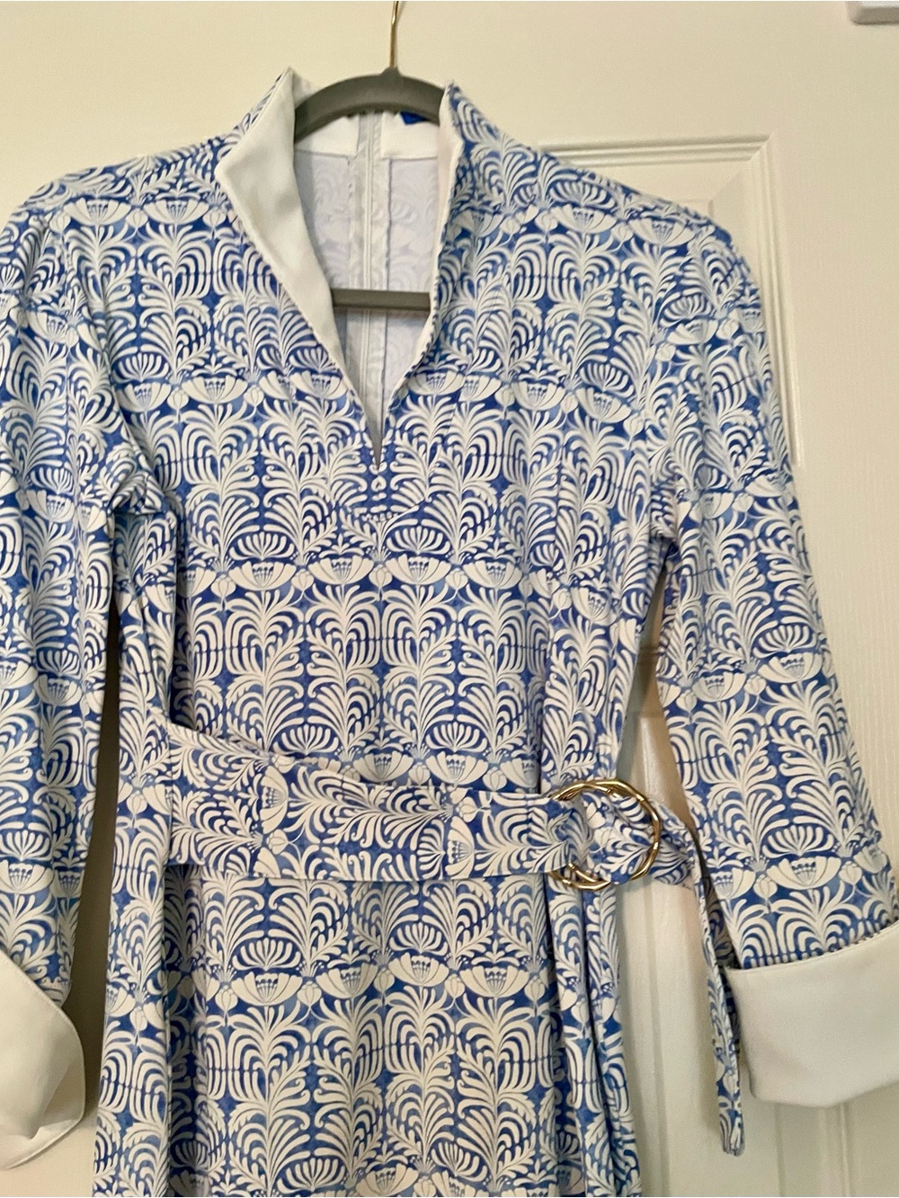 J. McLaughlin Blue White Belted Shirt Dress 3/4 Sleeve Resort Preppy Size XS - Picture 7 of 8